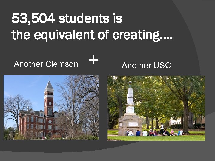 53, 504 students is the equivalent of creating…. Another Clemson + Another USC 