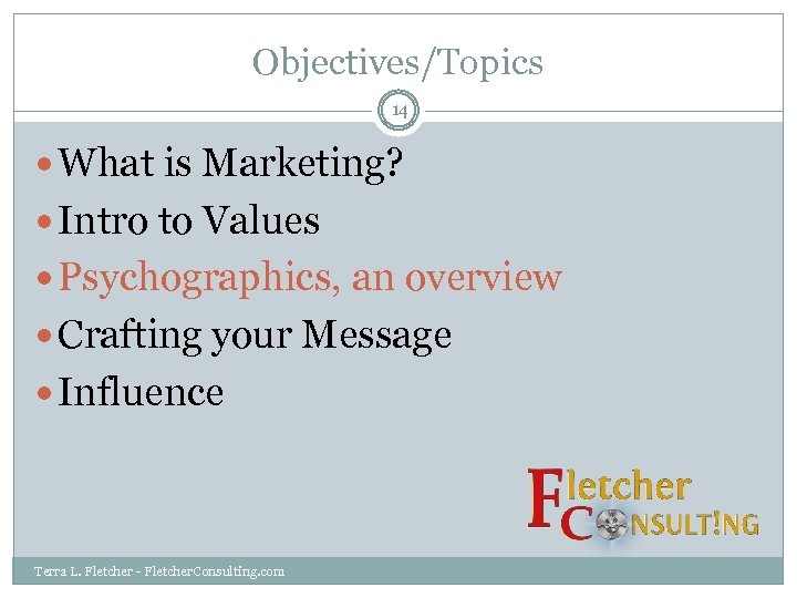 Objectives/Topics 14 What is Marketing? Intro to Values Psychographics, an overview Crafting your Message