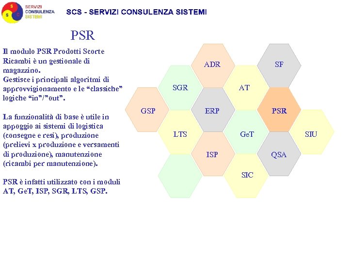 PSR Il modulo PSR Prodotti Scorte Ricambi è un gestionale di magazzino. Gestisce i