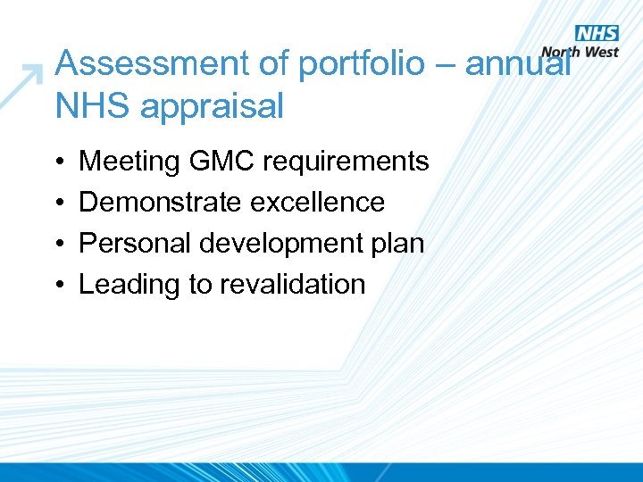 Assessment of portfolio – annual NHS appraisal • • Meeting GMC requirements Demonstrate excellence