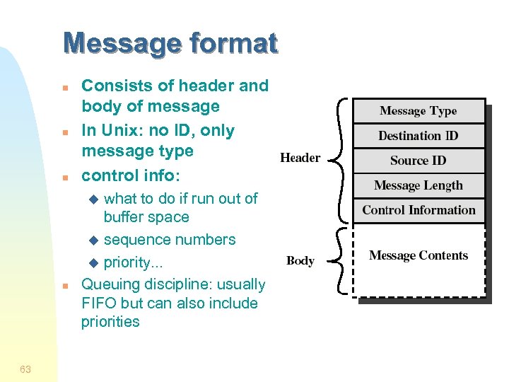 Message format n n n Consists of header and body of message In Unix: