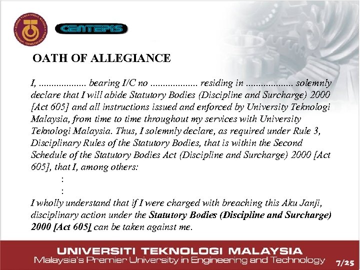 OATH OF ALLEGIANCE I, . . bearing I/C no. . . . . residing