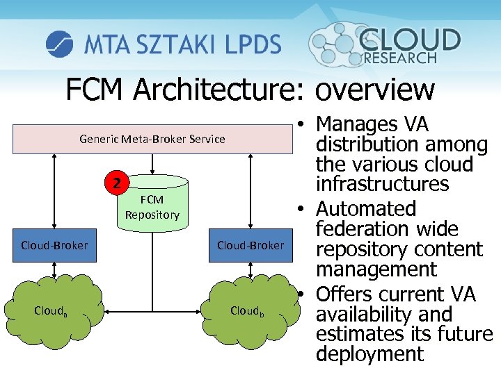 FCM Architecture: overview Generic Meta-Broker Service 2 FCM Repository Cloud-Broker Clouda Cloudb • Manages