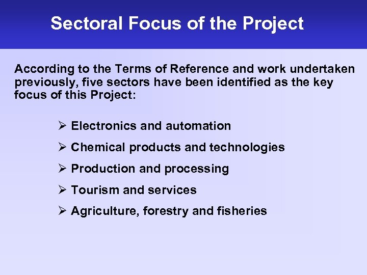 Sectoral Focus of the Project According to the Terms of Reference and work undertaken