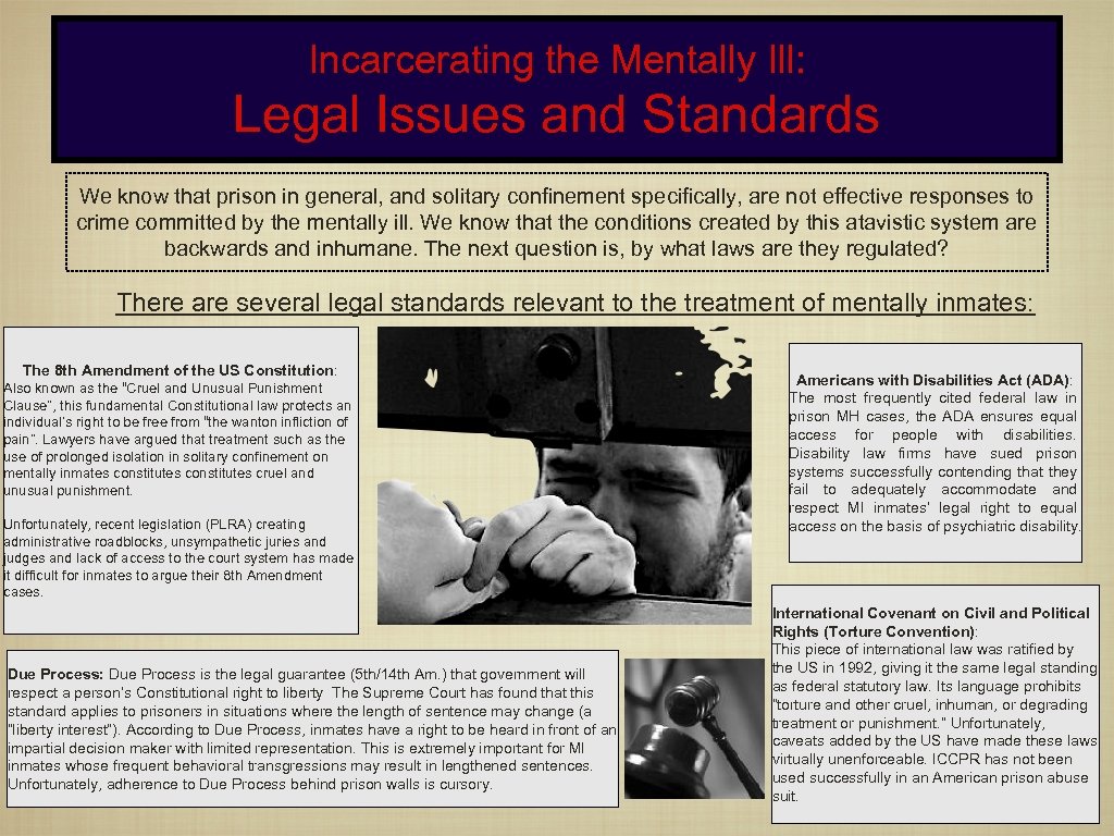 Incarcerating the Mentally Ill: Legal Issues and Standards We know that prison in general,