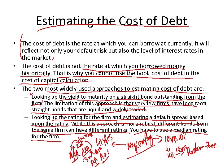 Estimating the Cost of Debt • The cost of debt is the rate at
