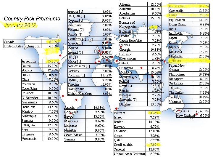 Country Risk Premiums January 2012 Canada United States of America Argentina Belize Bolivia Brazil