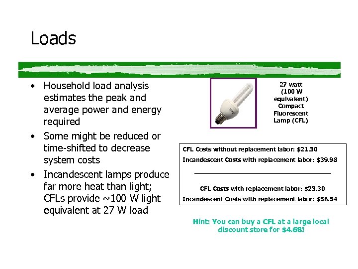 Loads • Household load analysis estimates the peak and average power and energy required
