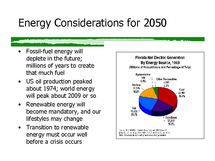 Energy Considerations for 2050 • Fossil-fuel energy will deplete in the future; millions of