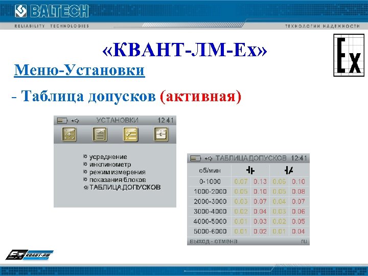  «КВАНТ-ЛМ-Ех» Меню-Установки - Таблица допусков (активная) 