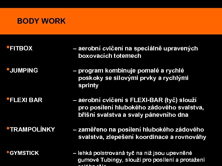 BODY WORK • FITBOX – aerobní cvičení na speciálně upravených boxovacích totemech • JUMPING