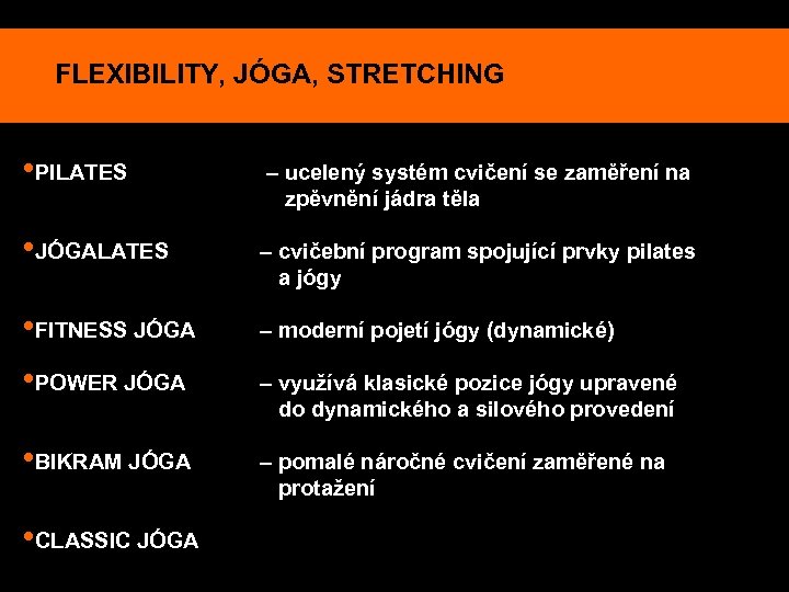 FLEXIBILITY, JÓGA, STRETCHING • PILATES – ucelený systém cvičení se zaměření na zpěvnění jádra