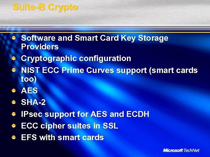 Suite-B Crypto Software and Smart Card Key Storage Providers Cryptographic configuration NIST ECC Prime