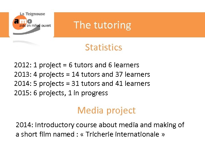 The tutoring Statistics 2012: 1 project = 6 tutors and 6 learners 2013: 4
