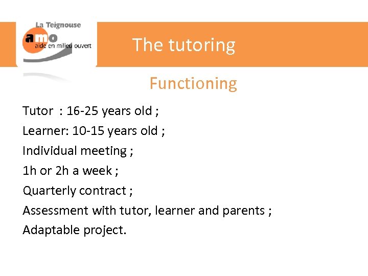 The tutoring Functioning Tutor : 16 -25 years old ; Learner: 10 -15 years