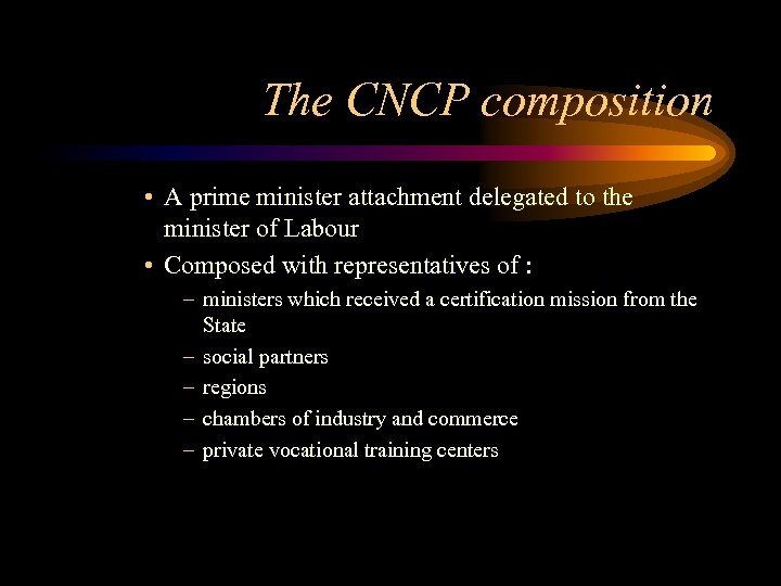 The CNCP composition • A prime minister attachment delegated to the minister of Labour