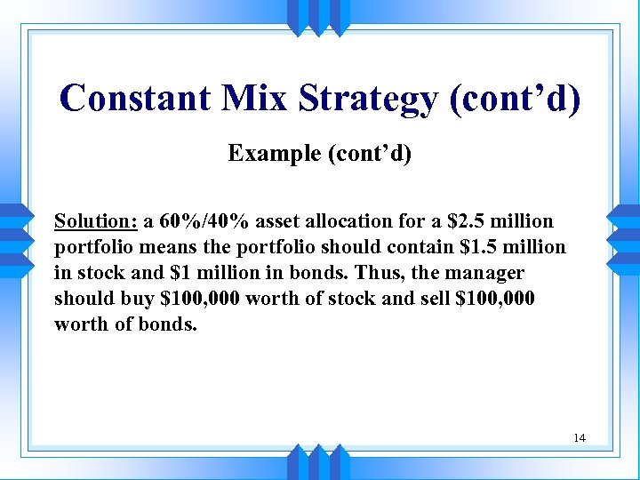 Constant Mix Strategy (cont’d) Example (cont’d) Solution: a 60%/40% asset allocation for a $2.