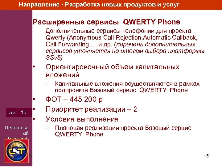 Направление - Разработка новых продуктов и услуг Расширенные сервисы QWERTY Phone Дополнительные сервисы телефонии