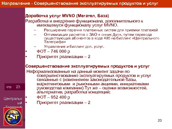 Направление - Совершенствование эксплуатируемых продуктов и услуг Доработка услуг MVNO (Мегател, База) Разработка и