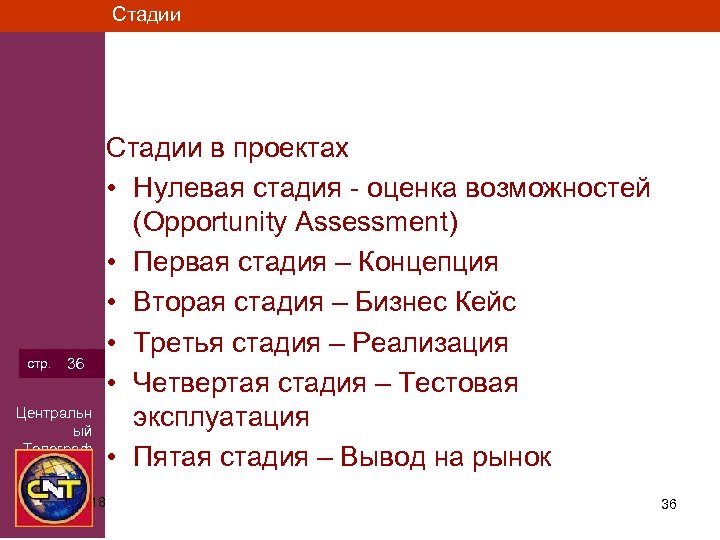 Стадии стр. 36 Центральн ый Телеграф 3/15/2018 Стадии в проектах • Нулевая стадия -