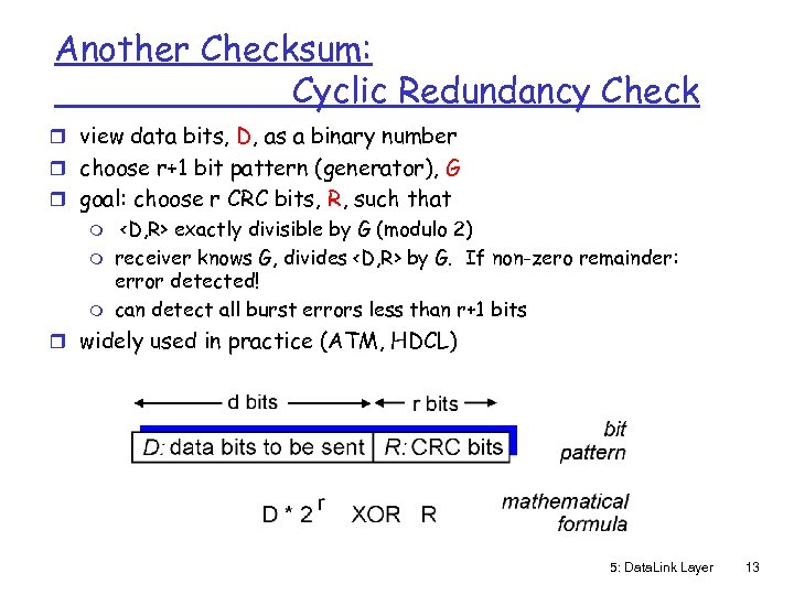 Another Checksum: Cyclic Redundancy Check r view data bits, D, as a binary number