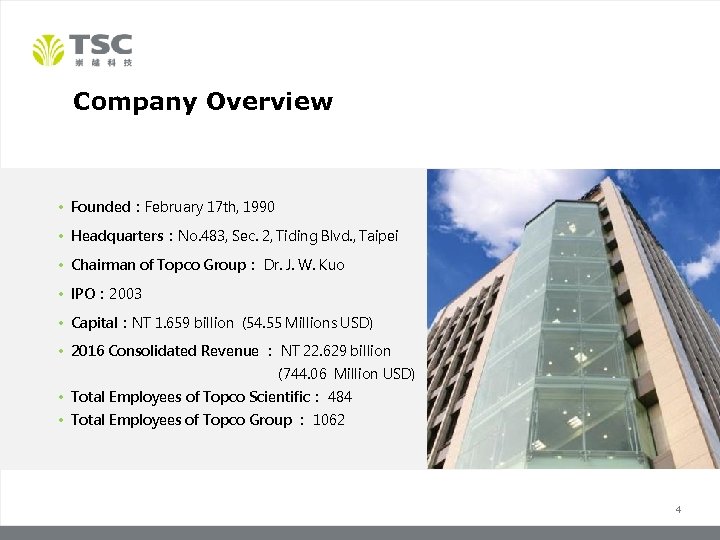 Company Overview • Founded：February 17 th, 1990 • Headquarters：No. 483, Sec. 2, Tiding Blvd.