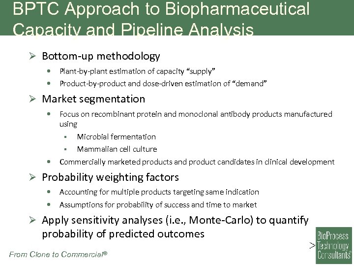 BPTC Approach to Biopharmaceutical Capacity and Pipeline Analysis Ø Bottom-up methodology • Plant-by-plant estimation