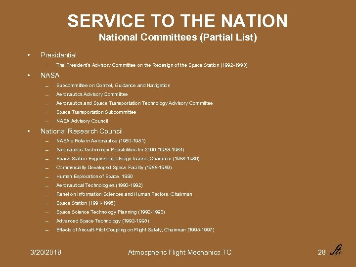 SERVICE TO THE NATION National Committees (Partial List) • Presidential 0 • The President's