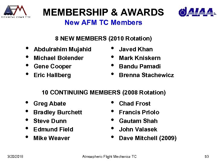 MEMBERSHIP & AWARDS New AFM TC Members 8 NEW MEMBERS (2010 Rotation) • •