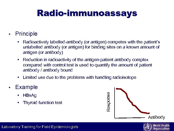 Radio-immunoassays • Principle • Radioactively labelled-antibody (or antigen) competes with the patient’s unlabelled antibody