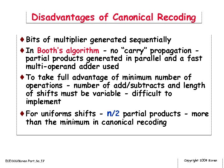 Disadvantages of Canonical Recoding ¨Bits of multiplier generated sequentially ¨In Booth’s algorithm - no