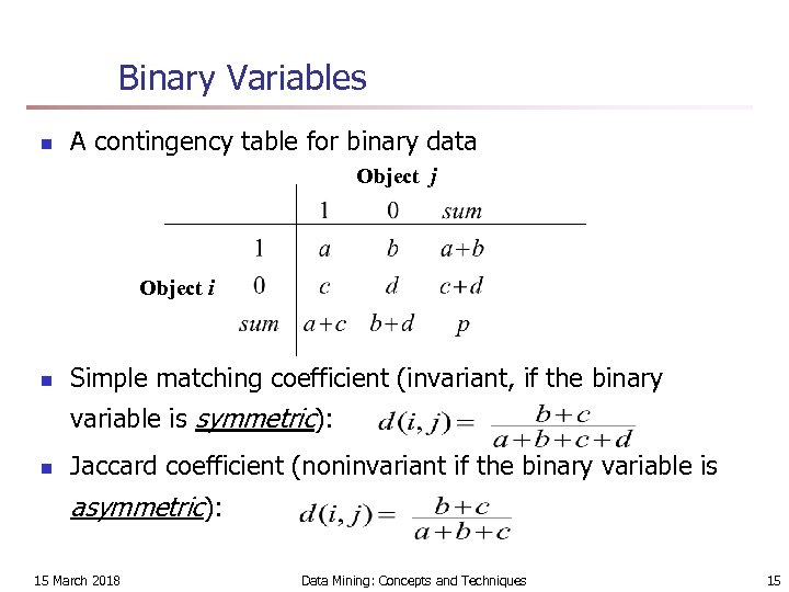 Binary Variables n A contingency table for binary data Object j Object i n