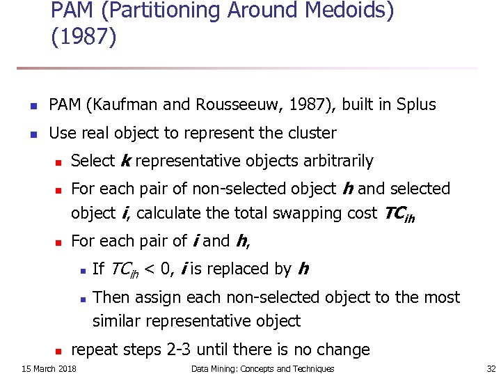 PAM (Partitioning Around Medoids) (1987) n PAM (Kaufman and Rousseeuw, 1987), built in Splus