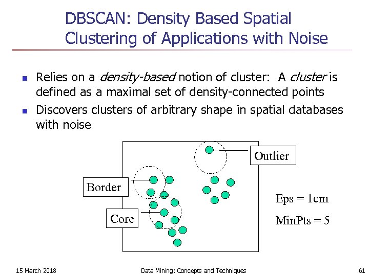 DBSCAN: Density Based Spatial Clustering of Applications with Noise n n Relies on a