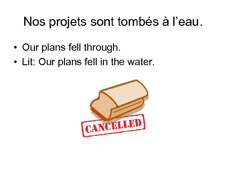 Nos projets sont tombés à l’eau. • Our plans fell through. • Lit: Our