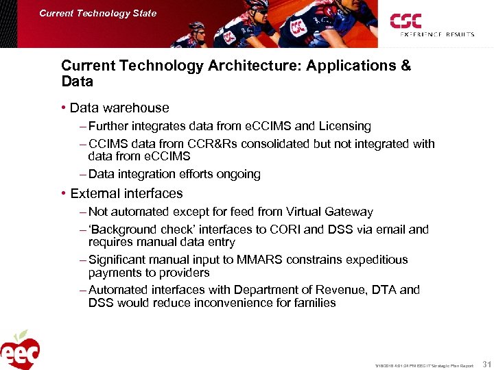 Current Technology State Current Technology Architecture: Applications & Data • Data warehouse – Further
