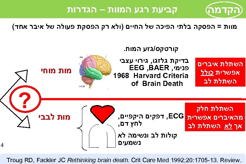  הקדמה קביעת רגע המוות – הגדרות מוות = הפסקה בלתי הפיכה של החיים
