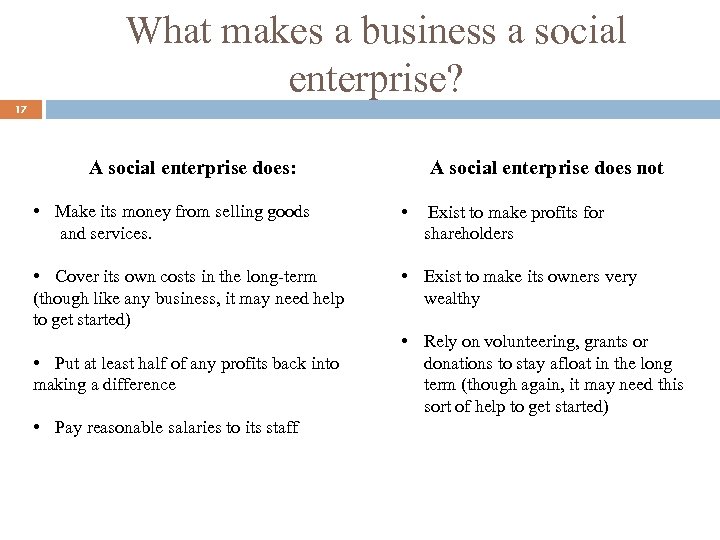 What makes a business a social enterprise? 17 A social enterprise does: A social