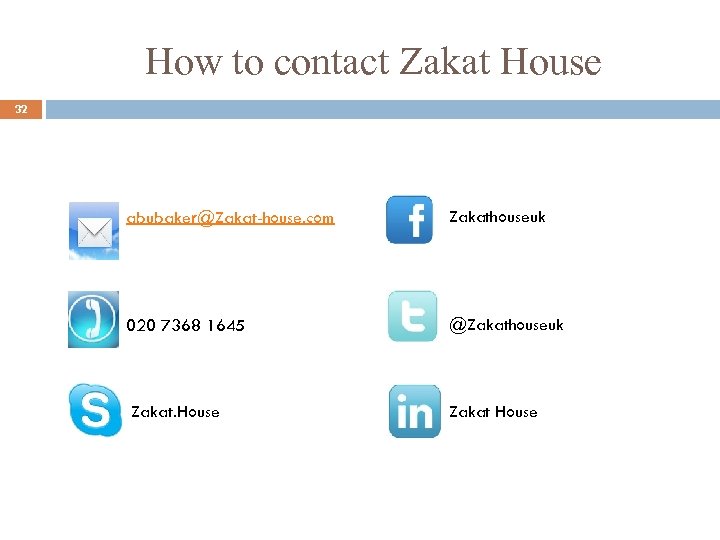 How to contact Zakat House 32 abubaker@Zakat-house. com Zakathouseuk 020 7368 1645 @Zakathouseuk Zakat.