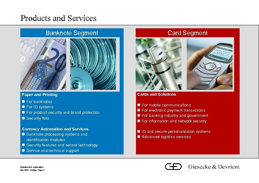 Products and Services Banknote Segment Paper and Printing For banknotes For ID systems For