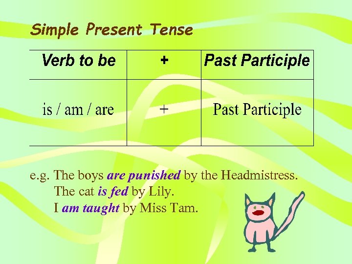 Simple Present Tense e. g. The boys are punished by the Headmistress. The cat