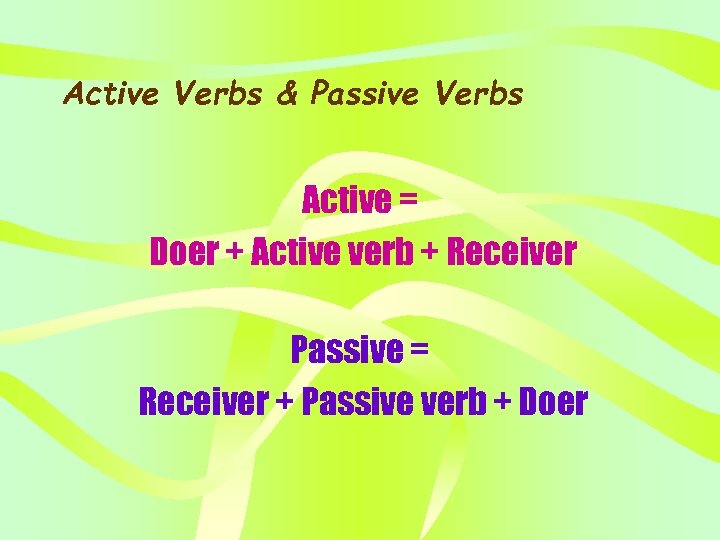 Active Verbs & Passive Verbs Active = Doer + Active verb + Receiver Passive