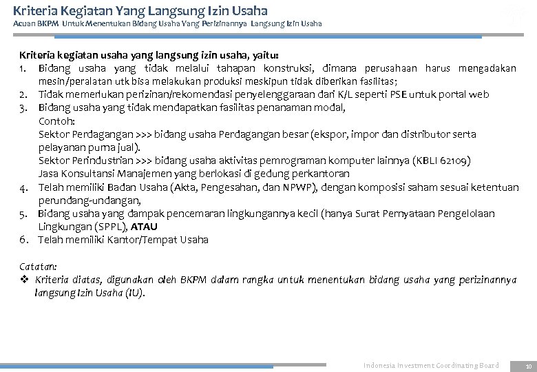 Kriteria Kegiatan Yang Langsung Izin Usaha Acuan BKPM Untuk Menentukan Bidang Usaha Yang Perizinannya