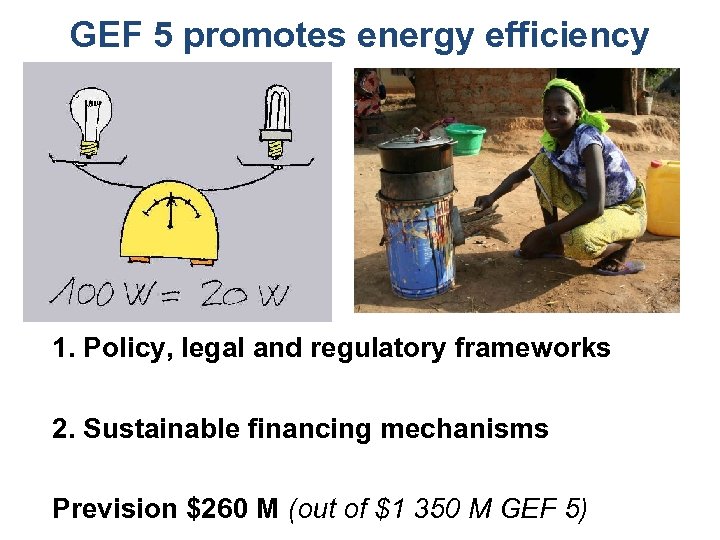 GEF 5 promotes energy efficiency 1. Policy, legal and regulatory frameworks 2. Sustainable financing
