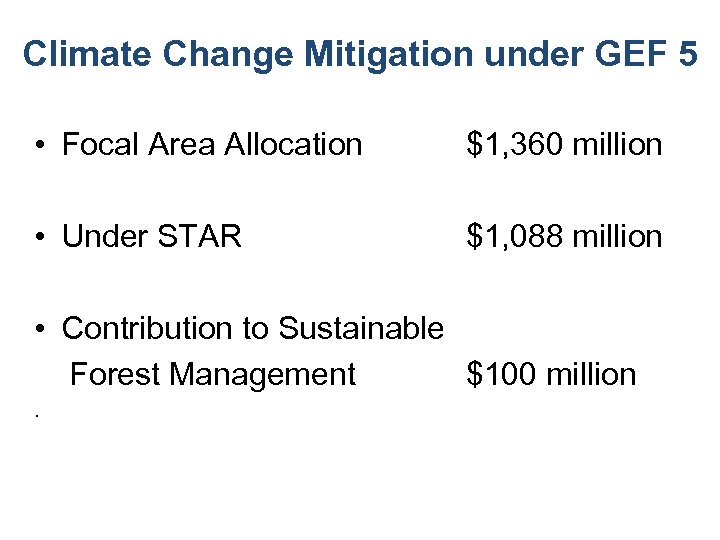Climate Change Mitigation under GEF 5 • Focal Area Allocation $1, 360 million •