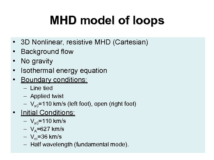 MHD model of loops • • • 3 D Nonlinear, resistive MHD (Cartesian) Background