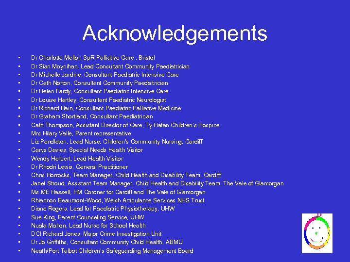 Acknowledgements • • • • • • Dr Charlotte Mellor, Sp. R Palliative Care