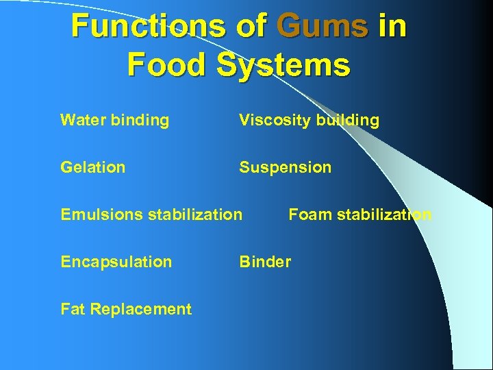 Functions of Gums in Food Systems Water binding Viscosity building Gelation Suspension Emulsions stabilization
