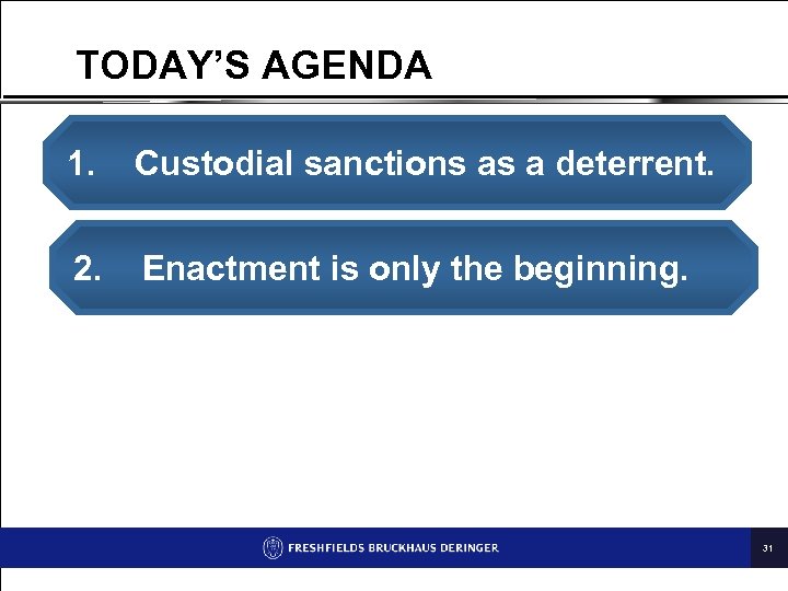 TODAY’S AGENDA 1. Custodial sanctions as a deterrent. 2. Enactment is only the beginning.