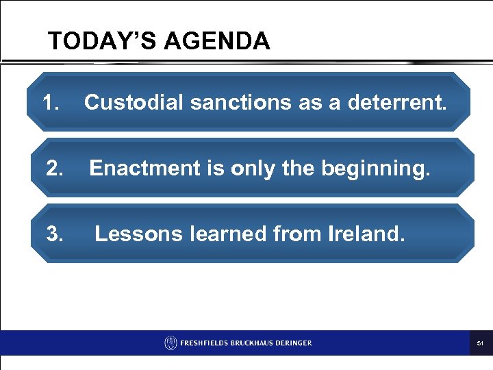 TODAY’S AGENDA 1. Custodial sanctions as a deterrent. 2. Enactment is only the beginning.